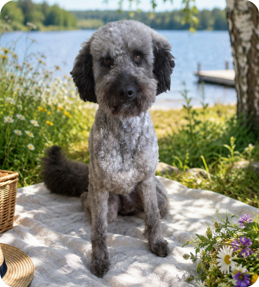 Somrig bild av en grå hund